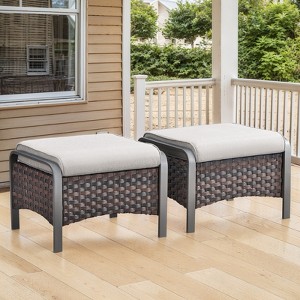 Buenhomino Patio Ottomans Set of 2, Outdoor Wicker Footrest with Thickened Cushions, Multipurpose Metal Patio Furniture for Backyard and Deck - 1 of 4