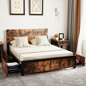 Metal Bed Frame with Storage Drawers – Heavy Duty Platform, Wooden Headboard, No Box Spring Needed - 1 of 4