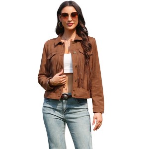 INSPIRE CHIC Women's Turndown Collar Faux Suede Fringe Button Down Long Sleeve Vintage Crop Jackets - 1 of 4