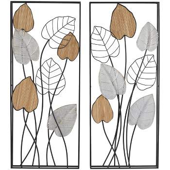 Metal Leaf Tropical Wall Decor With Wood Frames Gray - Olivia & May : Target