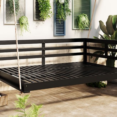 Full Size Acacia Wood Outdoor Swing Bed with 96'' Hemp Ropes, Open-Side Minimalist Design, 350lbs Capacity - Coolbibila
