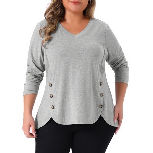 Women's Plus Size Long Sleeve V Neck Loose Fashion Buttons Tunic Blouse - Agnes Orinda - 1 of 4