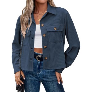 Coolmee Womens Fashion Cropped Jackets Corduroy Shackets Button Down Tops Midweight Long Sleeve Shirts with Pockets - 1 of 4