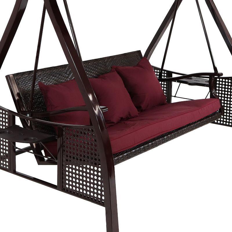 Sunnydaze 3-Person Outdoor Patio Swing with Adjustable Canopy Shade, Foldable Side Tables, Cushions and Pillow, Merlot, 6 of 14