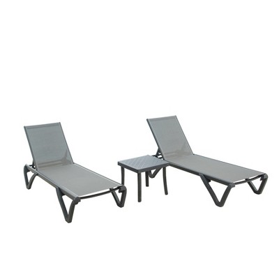 Gulches Set of 3,Outdoor Aluminum Polypropylene Sunbathing Chair, 5 Adjustable Position,Side Table(Grey,2 Lounge Chair+1 Table)