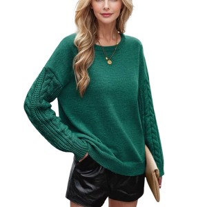 Amaryllis Women's Cable Knit Sleeve Crew Neck Sweater Long Sleeve Cozy Soft Knit Oversized Fit - 1 of 4