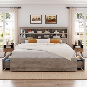 Noise-Free King Bed Frame with Storage – Grey Wooden Platform Bed, Bookcase Headboard, 4 Drawers & Strong Metal Support, No Box Spring Required - 1 of 4