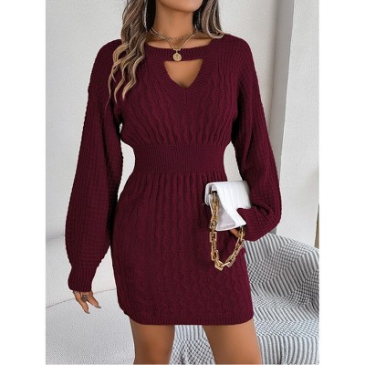 Women's Cute Pullover Sweater Dress Crew Neck Cable Knit Bodycon Mini Short Dresses Solid Hollow Neck Long Lantern Sleeve Dresses