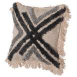 16" Handwoven Cotton & Silk Throw Fringed Pillow Cover Embossed Zig Zag & Crossed Lines Design