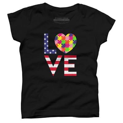 Girl's Design By Humans July 4th Love Flag With Puzzle Heart By Ujangkasep T-Shirt