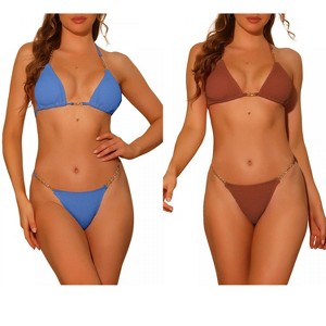 Elerevyo Women's Chain Halter Ribbed Lace Up Tie Back Triangle Bottoms Swimwear Bathing Suits 2 Sets - 1 of 4