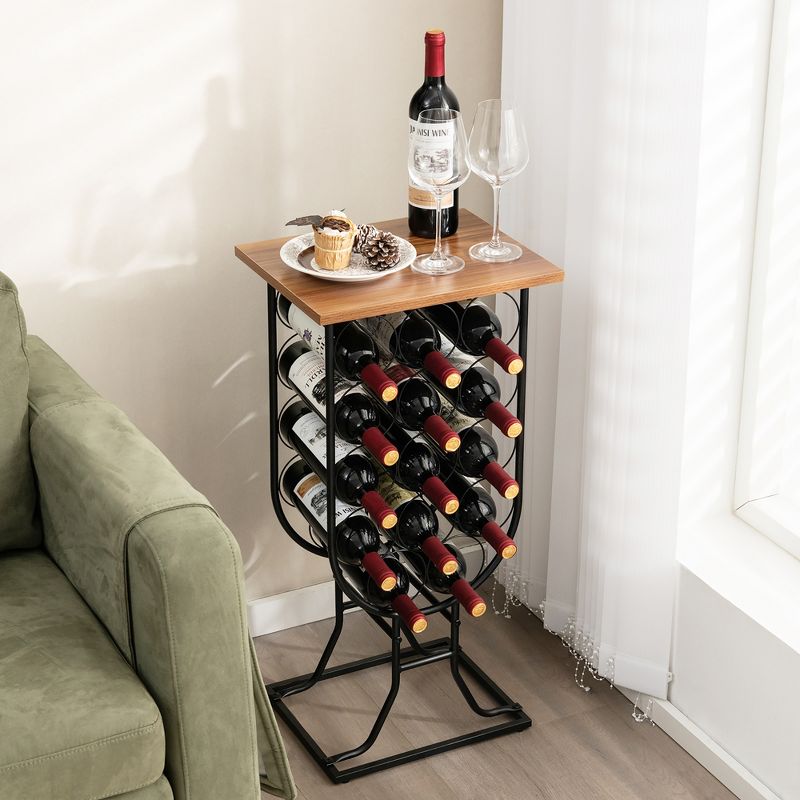 Costway 14 Bottles Wine Rack Console Table Freestanding Wine Storage with Woodtop & Wheels, 2 of 11