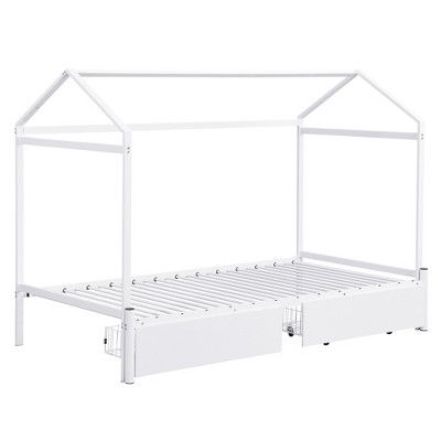 TiramisuBest Twin XL to King Metal Twin Size House Platform Bed with 2 Drawers - White Metal Design
