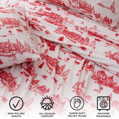 Full Red Snowtown Toile Print Velvet Plush Sheet Set