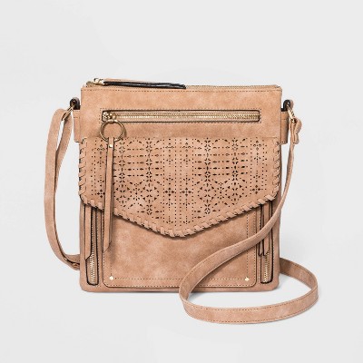 VR NYC Zip Closure Mosaic Design Laser Cut Crossbody Bag - Natural