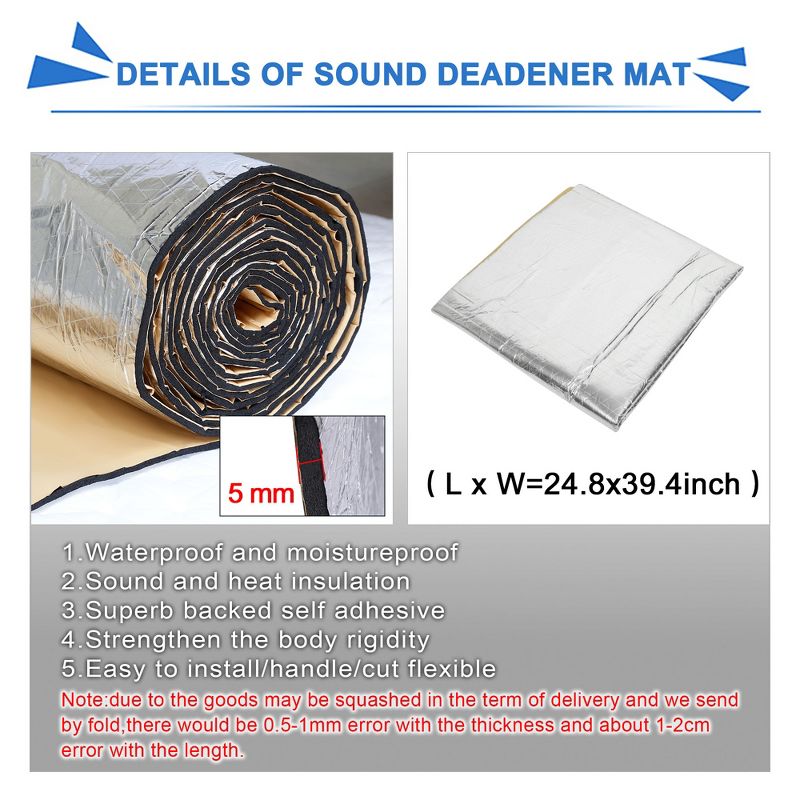 Unique Bargains Car Floor Sound Insulation Deadener Mat High Density Foam Glassfiber Heat Sound Deadening Mat, 2 of 7