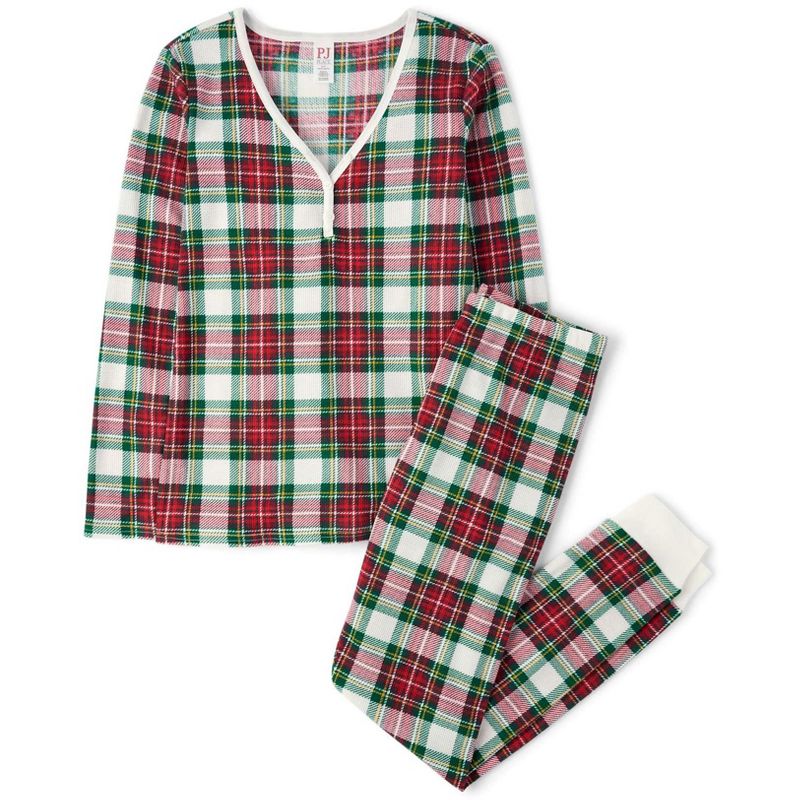 The Children's Place Womens Matching Family Christmas Long Sleeve Plaid Thermal Henley Pajamas White
