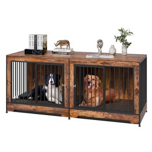 VEVOR 75" Dog Crate Furniture for 2 Dogs, Extra Large Double Dog Crate Furniture, Large Wooden Dog Crate Furniture TV Stand,  Brown - 1 of 4