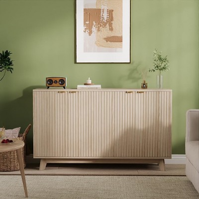 Garvee 55.1" Fluted Natural Buffet Sideboard Cabinet with Adjustable Shelves and Gold Metal Handles ¨C Oak