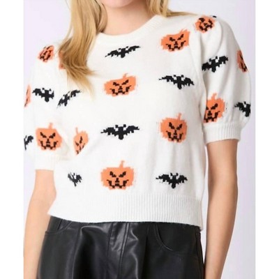 Women's Pumpkin Halloween Short Sleeve Sweater - Peach Love