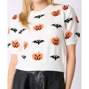 Women's Pumpkin Halloween Short Sleeve Sweater - Peach Love - 1 of 4