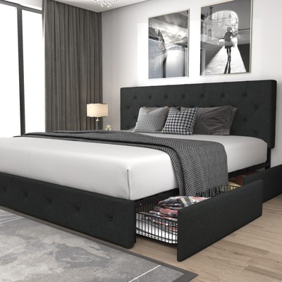 Allewie King Size Upholstered Platform Bed Frame with 4 Storage Drawers, Diamond Stitched Headboard, Wooden Slats, No Box Spring Needed, White