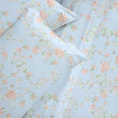 Full Floral Blue and Pink Cotton Microfiber Sheet Set