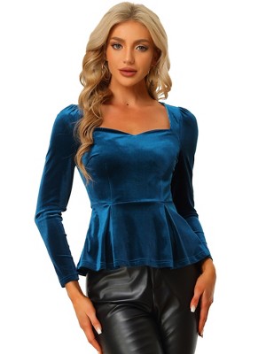 INSPIRE CHIC Women's Elegant Sweetheart Neck Long Sleeve Velvet Peplum Top