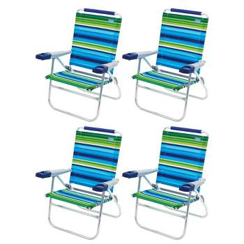 RIO Brands 15" Cushioned Beach or Backyard Camping Folding Chairs Lightweight Portable Outdoor Seating with Adjustable Backrest, Blue/Green (4 Pack)
