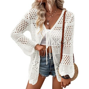 Women's Crochet Cardigan Light Weight Long Sleeve Tie Front Hollow Out Thin Cardigan - 1 of 4