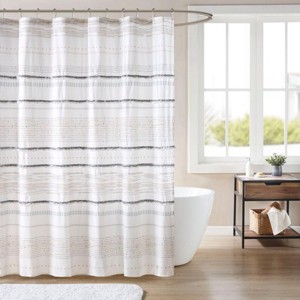 SEVOBAL Shower Curtain Cotton Printed Stripes with Tassels Buttonhole Top for Boho Bathroom Decor , Off White, 72"*72"*0.13" - 1 of 4