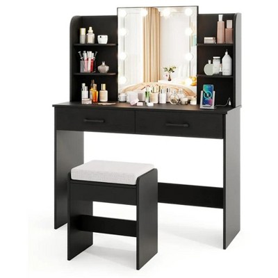 Vanity Set with Lighted Mirror and Stool with Power Outlet