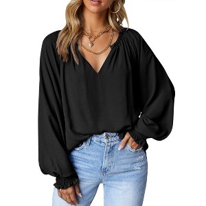 Zeagoo Casual Tops for Women 2023 Puff Long Sleeve Pleated V Neck Tunic Loose Fit Ladies Work Blouse - 1 of 4