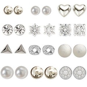 12-Pair Women's Stud Earrings Set, Silver-Tone Diverse Designs: Pearl, Heart, Crystal, Geometric More, Modern & Style - 1 of 4