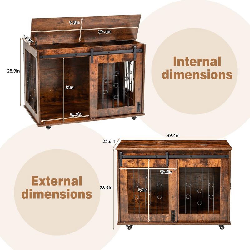 Double Dog Crate with Divider Sliding Barn Door, 39" Wooden Dog Kennel End Table with Wheels Indoor Dog House 39.37”Wx25.2”Dx28.94”H, 3 of 7