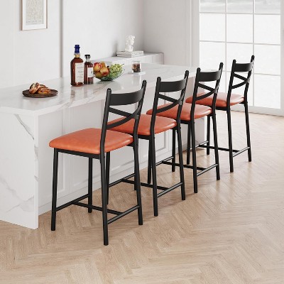 Bar Stools Set of 2/4, PU Upholstered Bar Chairs, Kitchen Island Chairs with X-Shaped Backrest and Metal Footrest, Black Counter Height Chairs