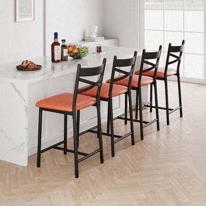 Bar Stools Set of 2/4, PU Upholstered Bar Chairs, Kitchen Island Chairs with X-Shaped Backrest and Metal Footrest, Black Counter Height Chairs - 1 of 4