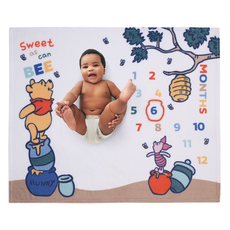 Disney Winnie the Pooh White, Blue, and Yellow Sweet As Can Bee Super Soft Photo Op Milestone Baby Blanket, 2 of 7
