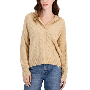 Hippie Rose Womens Cable-Knit Hoodie Sweatshirt, Beige, X-Large - 1 of 1