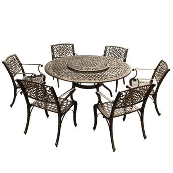 7pc Patio Dining Set with 59" Ornate Traditional Mesh Lattice Aluminum Round Table with Lazy Susan - Bronze - Oakland Living