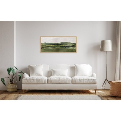 Green Mountain Landscape Watercolor Canvas Print with Natural Frame