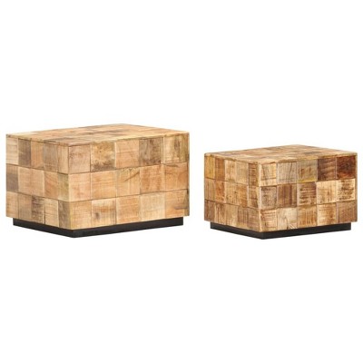 vidaXL Rough Mango Wood Coffee Tables 2-Piece - Square Block Design Accent Nesting Tables, Brown, No Assembly Required