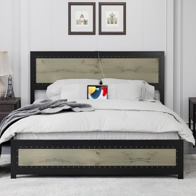 Full Size Bed Frame with Headboard, Industrial Platform Bed Frame with Charging Station