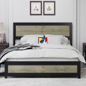 Full Size Bed Frame with Headboard, Industrial Platform Bed Frame with Charging Station - 1 of 4