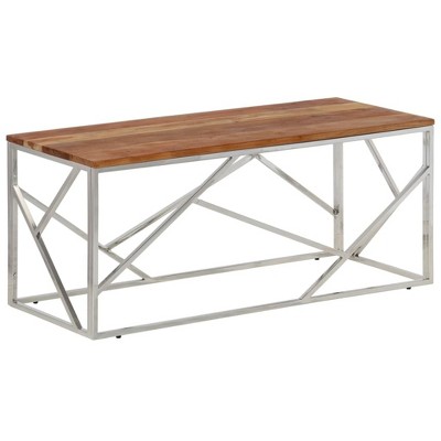 vidaXL Silver Stainless Steel Coffee Table with Solid Acacia Wood Top - Modern Accent Living Room Table with Sturdy Frame - Easy to Clean