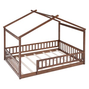TopComfy Beds Full Size Wood House Bed Frame With Fence Walnut Finish Solid Construction Room Friendly Design for Kids, Brown, 78.35"*16.54"*6.69" - 1 of 4