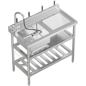 Stainless Steel Utility Sink,  Freestanding Single Bowl with Storage Shelf, Pull-Out Hot & Cold Faucet - 1 of 4