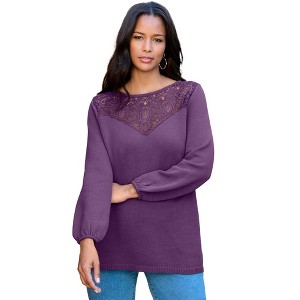 Roaman's Women's Plus Size Lace Mesh Pullover Sweater - 1 of 3