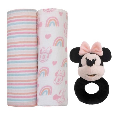 Disney Minnie Mouse 100% Cotton Muslin Swaddles with Plush Rattle - 2pk