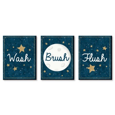 Big Dot of Happiness Twinkle Twinkle Little Star - Kids Bathroom Rules Wall Art - 7.5 x 10 inches - Set of 3 Signs - Wash, Brush, Flush